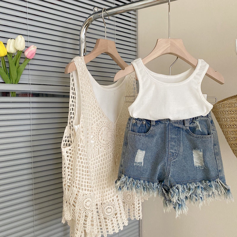 Hàng Mới Về Mới Set Áo Thun Ba Lỗ + Quần Short Denim Ống Rộng Thời Trang Mùa Hè Cho Bé Gái