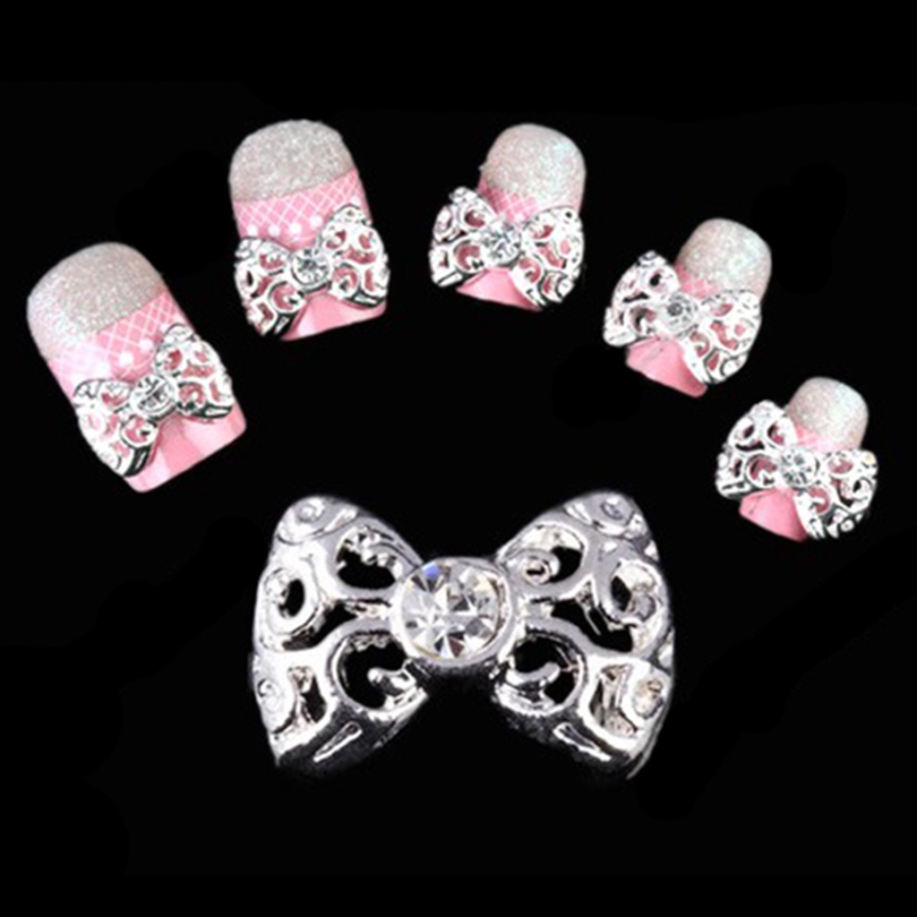 Bộ 10 Miếng Dán Móng Tay Bằng Hợp Kim Họa Tiết Nơ 3D Đính Đá Trang Trí Móng Nghệ Thuật