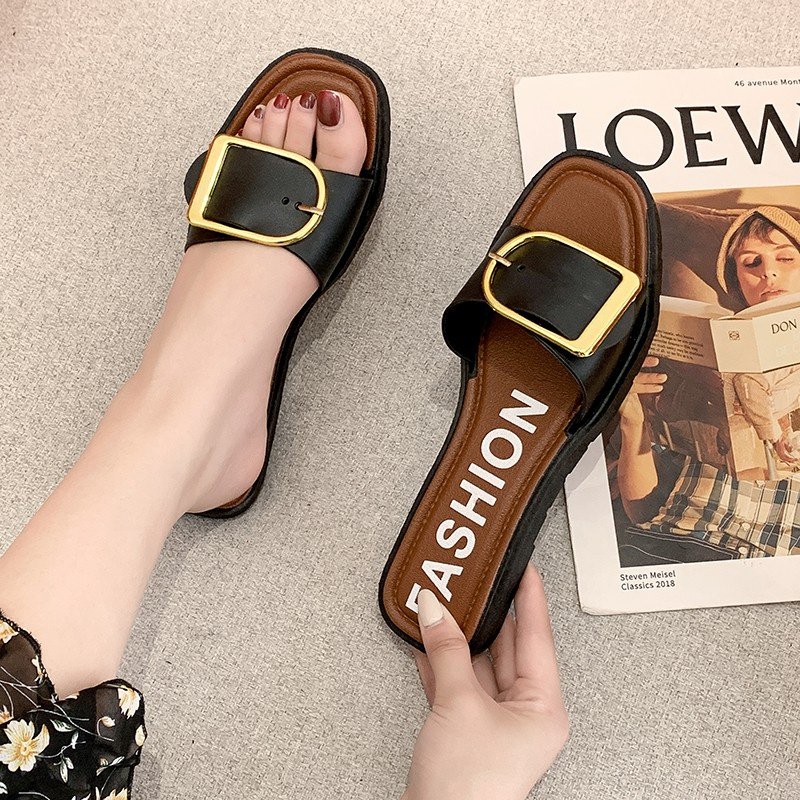 2021 Summer New Korean-Style Sandals and Slippers Women's Outer Wear Square Buckle Flat Casual Fashion Soft-Sole Beach W