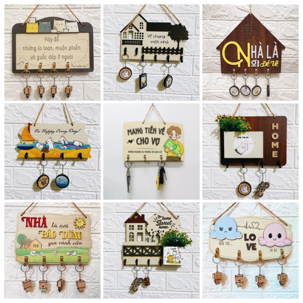 Bảng gỗ trang trí, bảng gỗ decor, treo tường OHAY - Treo móc khóa gia đình