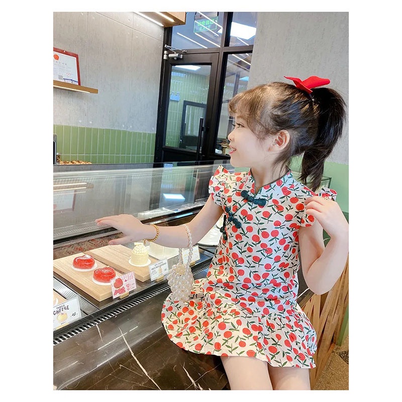 Đầm sườn xám SANITKUN chất vải cotton in họa tiết hoa phong cách Trung Hoa thời trang mùa hè cho bé gái