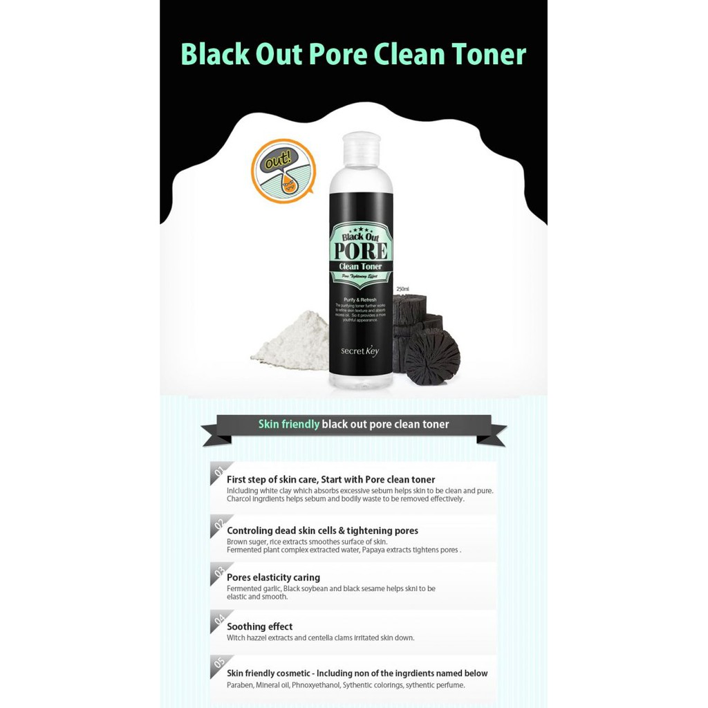 Nước Hoa Hồng Làm Sạch Da, Se Khít Lỗ Chân Lông Secret Key Black Out Pore Clean Toner 250ml _ Secret Key Chính Hãng