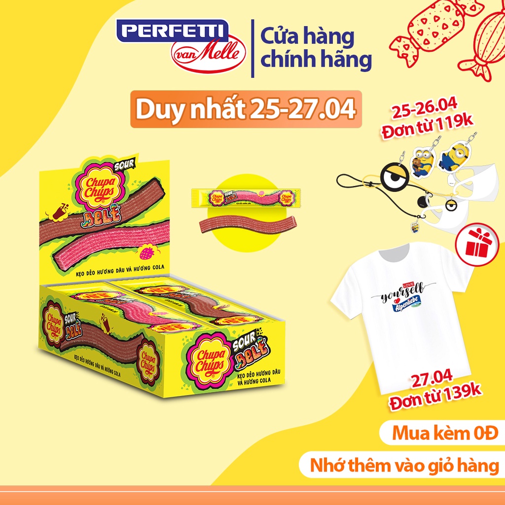 Kẹo dẻo Chupa Chups Sour Belt Hỗn Hợp Hương Cola và Dâu (Hộp 48 Dây)