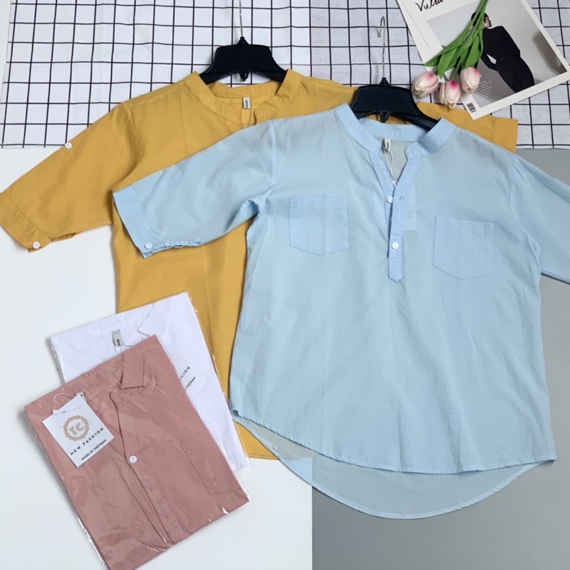 Áo sơ mi nữ cổ tàu form rộng tay lỡ kiểu Hàn nhiều màu trẻ trung phong cách