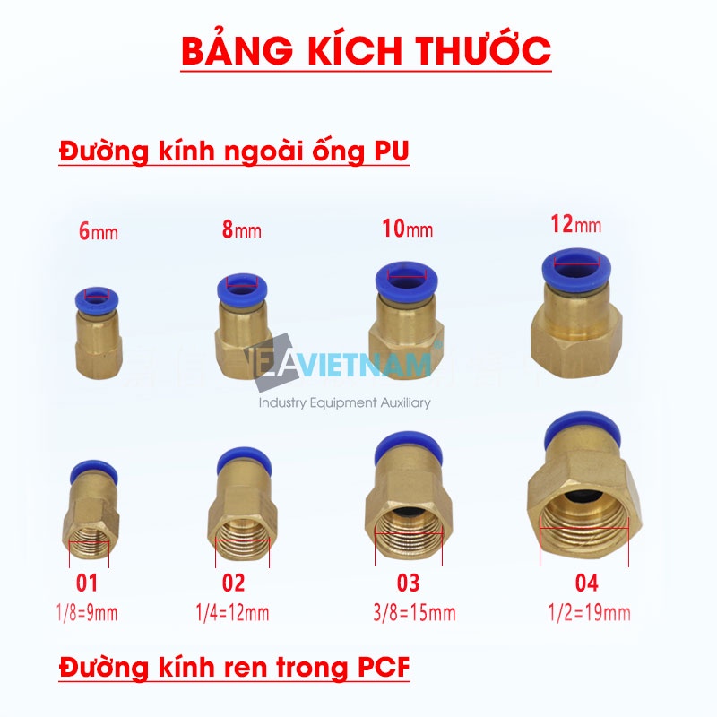 Đầu nối hơi nhanh ren trong PCF 4mm 6mm 8mm 10mm 12mm 14mm / Khớp nối nhanh PCF ống 4 6 8 10 12 14 mm