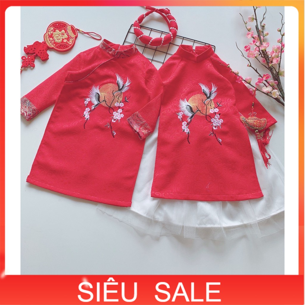 Áo dài cách tân cho bé 1-10 tuổi vải gấm xốp thêu song hạc hàng thiết kế
