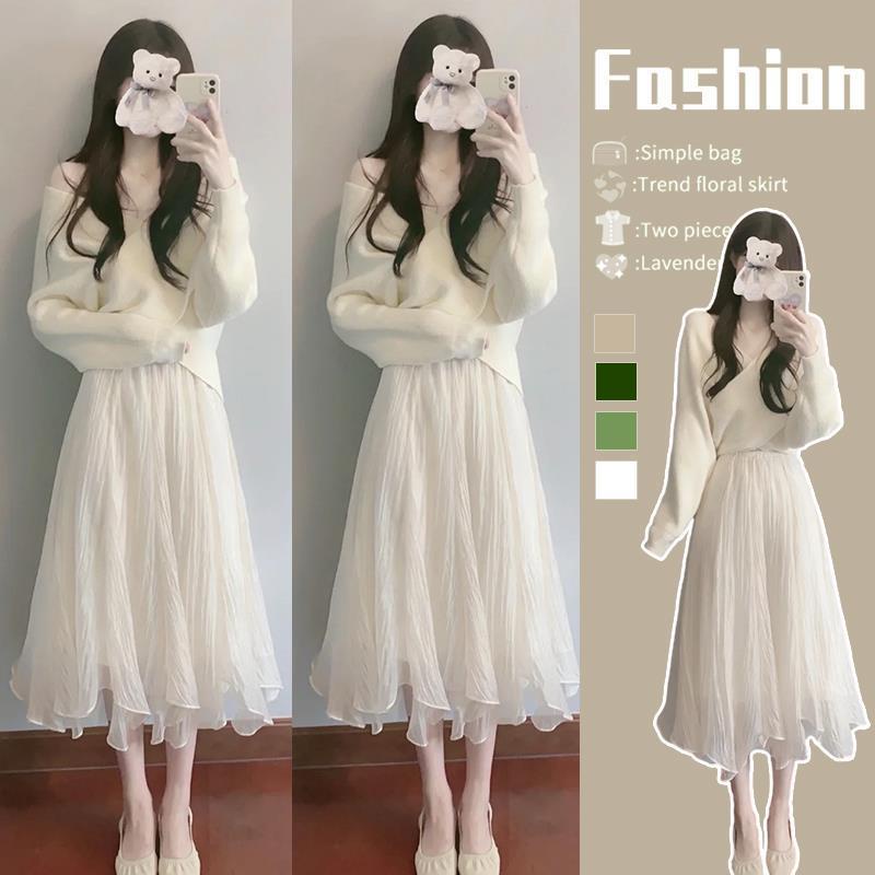 Set áo len dài tay + chân váy thời trang nữ