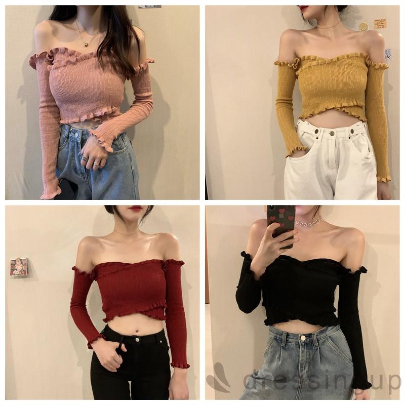 Áo Thun Tay Dài Trễ Vai Dáng Ôm Thiết Kế Đan Chéo Thời Trang Quyến Rũ Cho Nữ