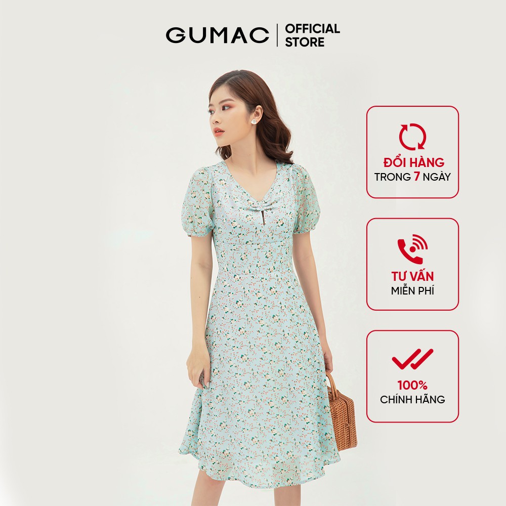 Đầm xòe nữ họa tiết hoa nhún ngực GUMAC màu xanh, đủ size DB380