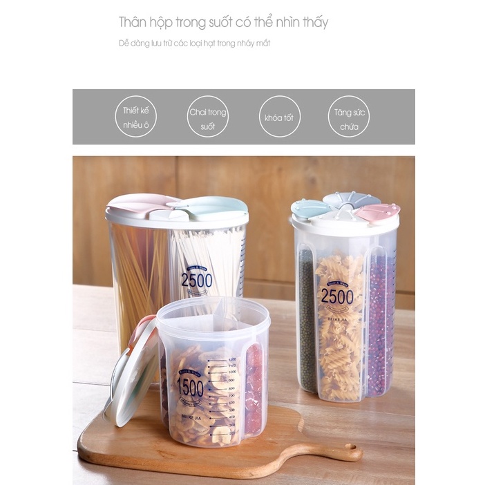 Hộp Bảo Quản Thực Phẩm, Lọ, Hũ Nhựa Trong Suốt 1500ml/2500 Nhiều Ngăn Đựng Gia Vị,Đồ Khô, Ngũ Cốc