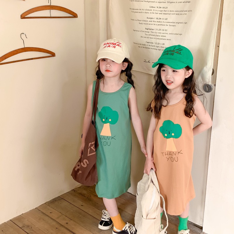 Váy đầm bé gái sát nách dễ thương vải cotton mềm mịn Jumping Meters VH9 màu xanh, nâu bé gái 4-12 tuổi