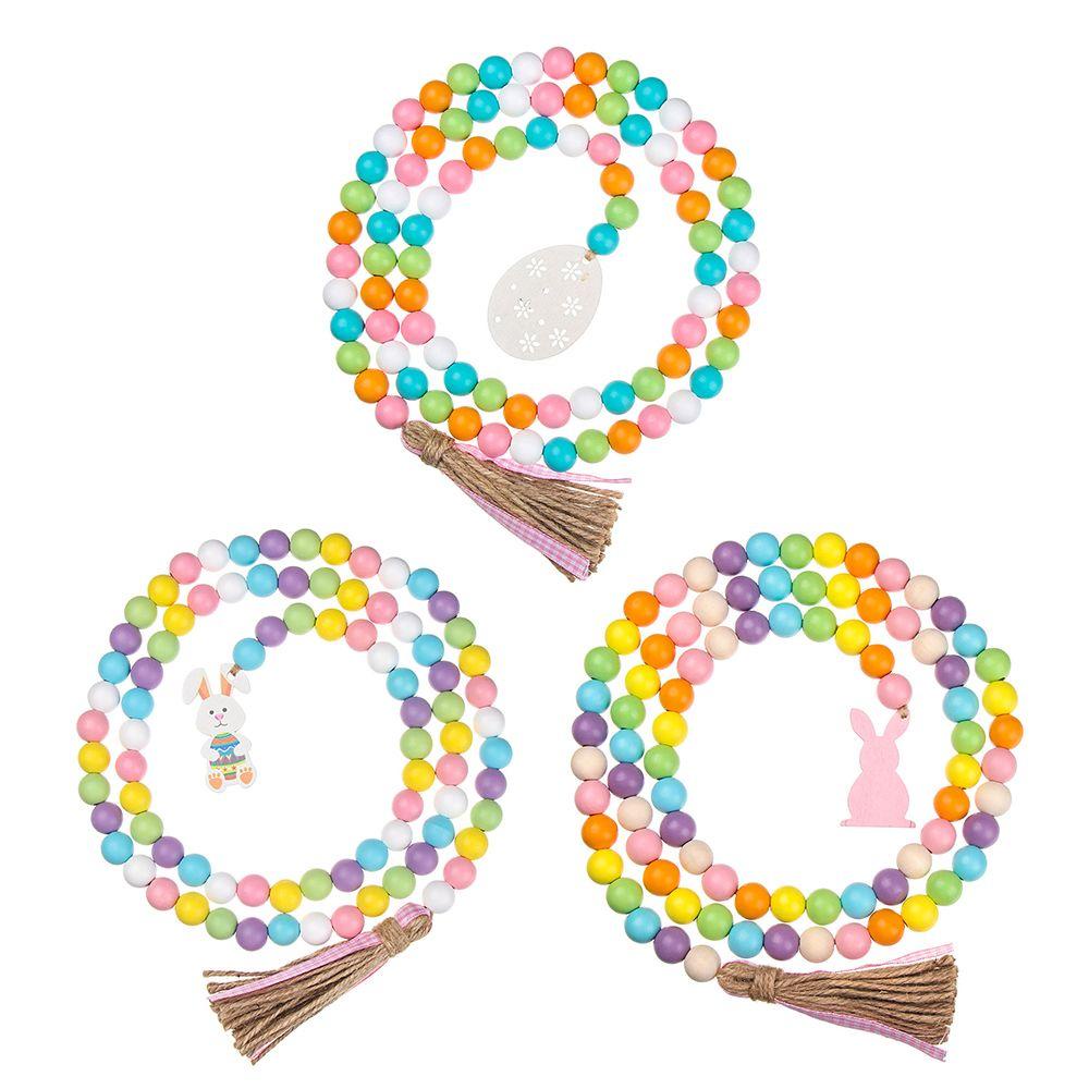 MUVAKO Chuỗi Hạt Gỗ Treo Tường Trang Trí Hình Thỏ Và Trứng Phong Cách Đồng Quê