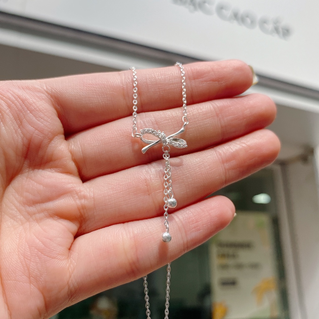 Dây Chuyền Bạc Ta Cao Cấp CaoBac Silver  Hoạ Tiết Nơ Đan Sợi Bi Rơi  Nhẹ Nhàng, Thanh Lịch Dễ Thương Cho Bạn Gái