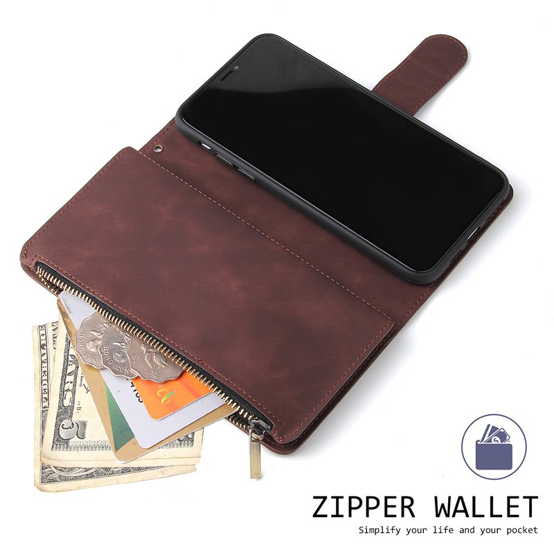 Bao da điện thoại nắp lật tích hợp ví khóa kéo có ngăn đựng thẻ cho iPhone 12 Pro Max 12 Mini 11 Pro Max XS max XR XS iP 11 Pro 11 Max 12 Pro