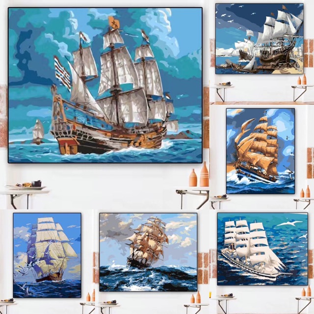 Order (khung dầy) tranh tô số hoá thuyền và biển tuyệt đẹp