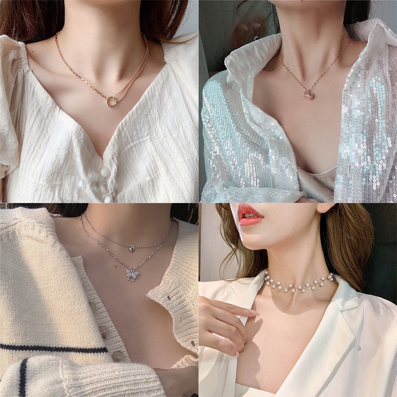 Vòng cổ chuỗi nhỏ phối hạt ngọc trai/ đá giả đơn giản tươi mới nhiều kiểu dáng phong cách Hàn Quốc