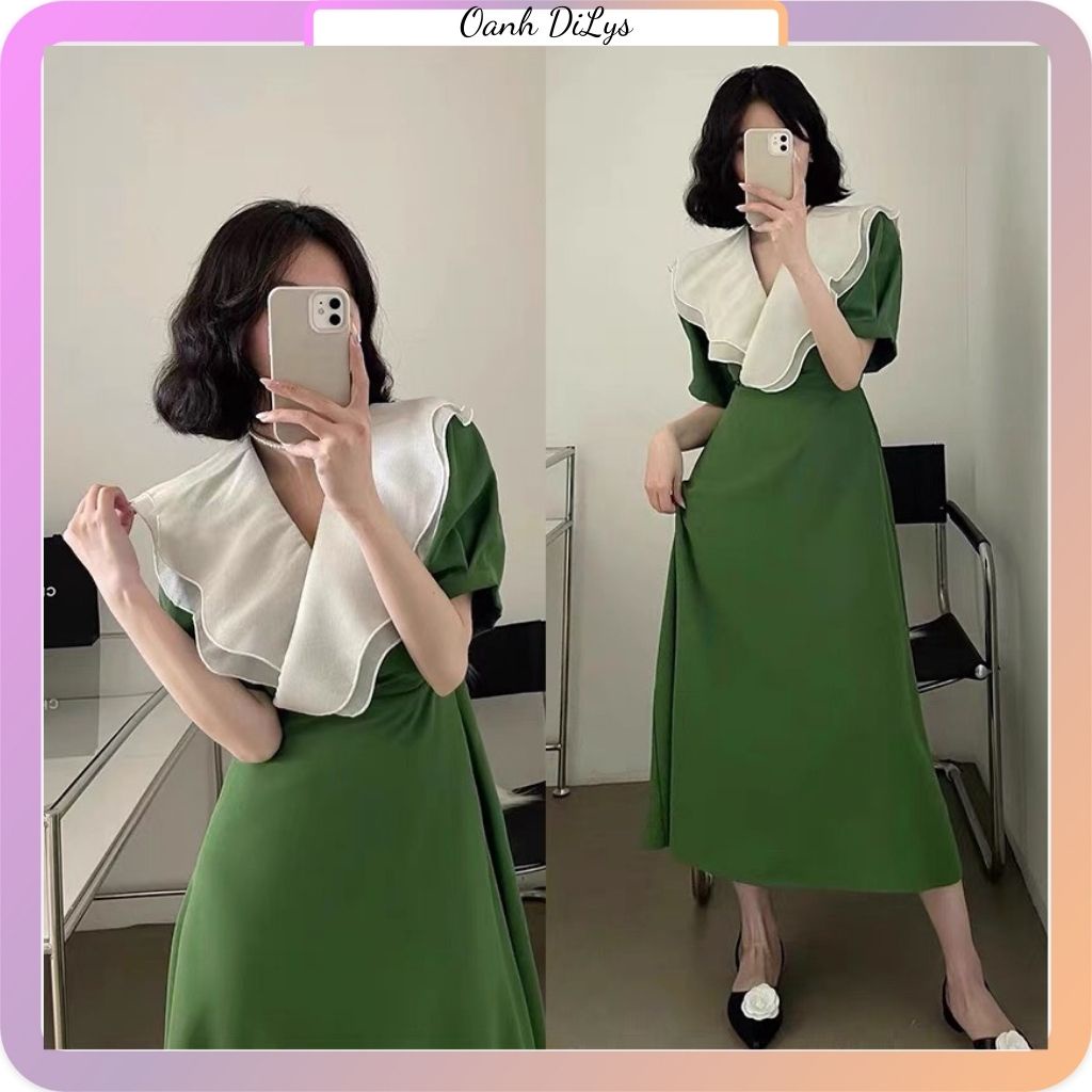 Váy cổ bèo, váy dáng dài cổ chữ V tôn dáng chất liệu vải tơ và vải cotton cao cấp phong cách Hàn Quốc