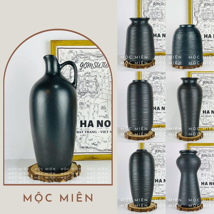 Bình hoa gốm men mộc Đen Nhám Gốm Mộc Miên, lọ hoa decor trang trí gommocmien nhiều mẫu xuất xứ Bát Tràng