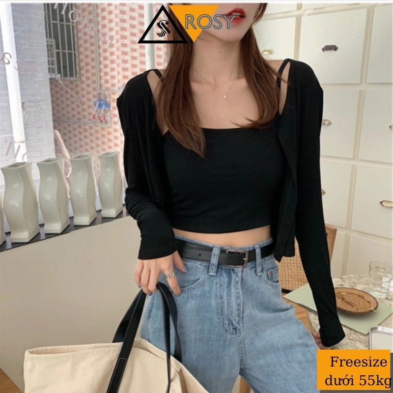 Set áo croptop 2 dây có khoác ngoài chất co giãn siêu xinh cho chị em