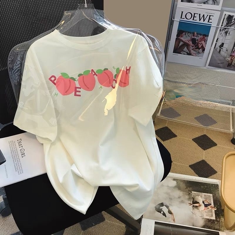 Áo Thun Nữ Ngắn Tay Dáng Rộng In Hình Quả Đào Phong Cách Hàn Quốc Mới