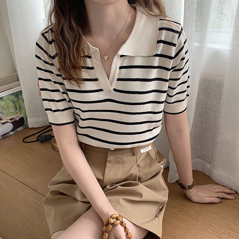 Áo thun len nữ tay ngắn polo kẻ ngang striped shirt màu be hàng loại 1 (Có sẵn - Ảnh thật shop chụp) | BigBuy360 - bigbuy360.vn