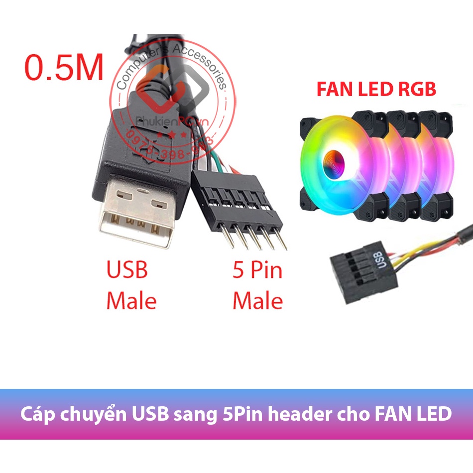 Dây cáp chuyển USB sang 5Pin Header 50cm cho FAN LED RGB, Hub USB 9Pin, máy tính PC 9Pin Mainboard Card wifi đầu đọc thẻ