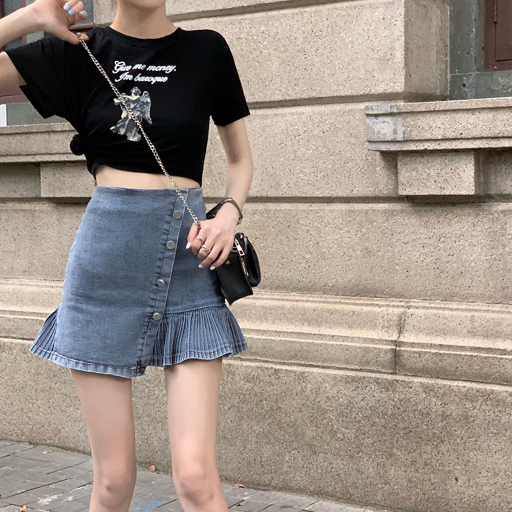 COZOK Váy denim xếp ly lưng cao nữ tính