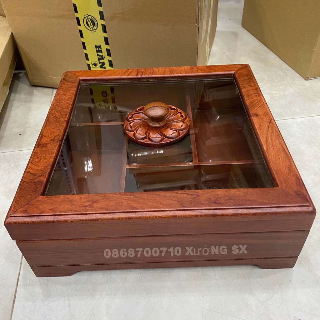 Loại mới -- Khay Đựng Bánh Kẹo Ngày Tết bằng Gỗ Hương Cao Cấp Vuông Kính- khay đựng mứt tết bằng gỗ