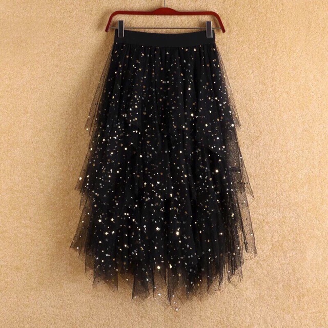 CHÂN VÁY LƯỚI KIM TUYẾN TẦNG CÓ LÓT TRONG