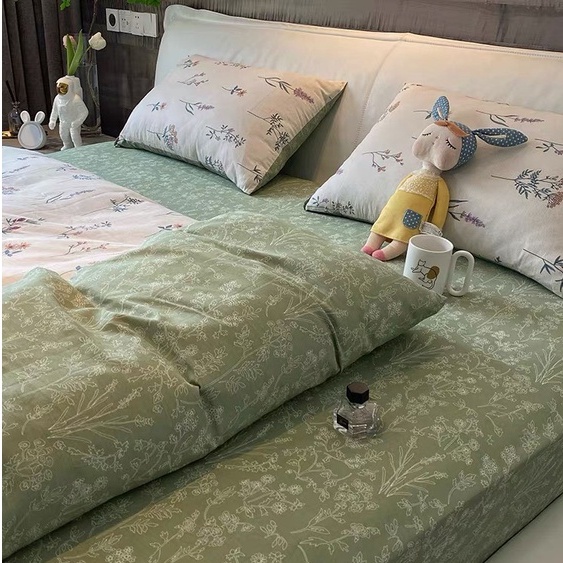 Bộ chăn ga gối cotton organic Hoa lavender xanh Dreamhome