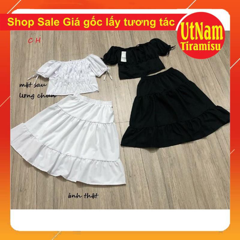 SÉT ĐỒ NỮ gồm có sét hai món áo croptop trệt vai nơ + chân váy ba tầng❤ Sét trang phục có Chân váy ngắn trên đùi giá rẻ