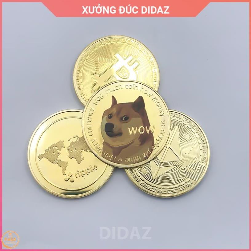 COMBO 4 Đồng Xu Bitcoin, Ethereum ETH, Dogecoin Doge, XRP Ripple mạ vàng đồ lưu niệm, sưu tầm