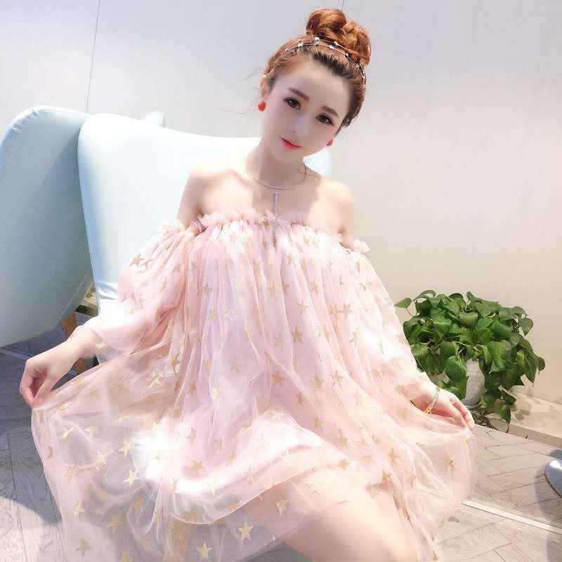 (N109) Áo nữ dáng dài trễ vai tay bèo họa tiết ngôi sao dáng xòe bánh bèo trẻ trung thời trang teen hot sale năng động