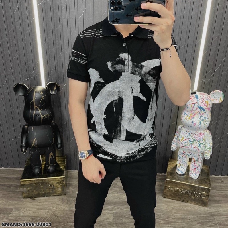 Áo polo nam cao cấp vải cotton không xù lông in hình LV áo thun tay ngắn form chuẩn