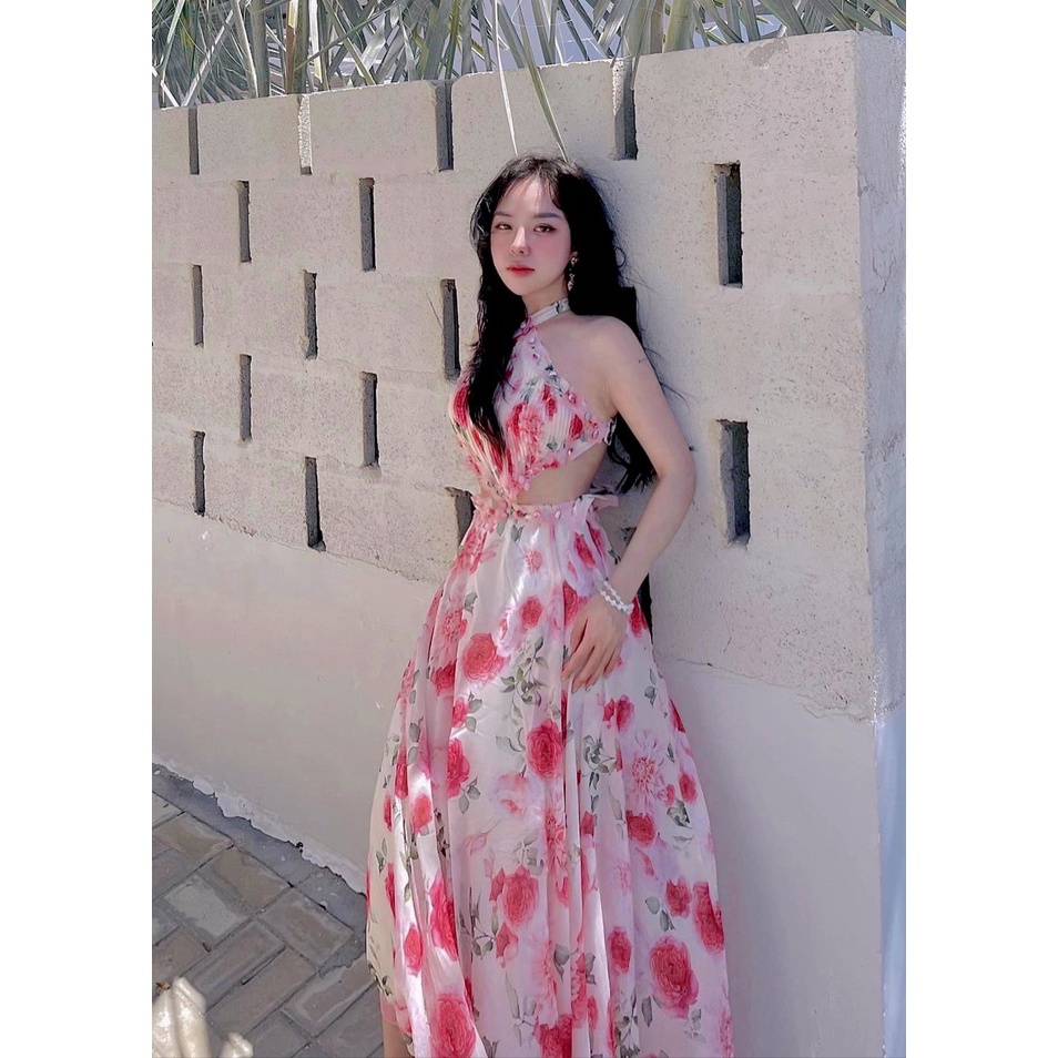 Đầm maxi đi biển hoa hồng khoét- Maxi ngọc lan