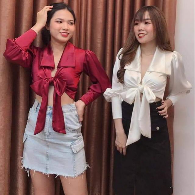 Áo crop top đắp chéo kiểu sơ mi thắt nơ lưng
