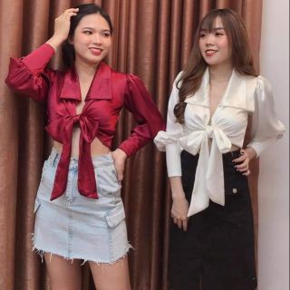 Áo crop top đắp chéo kiểu sơ mi thắt nơ lưng