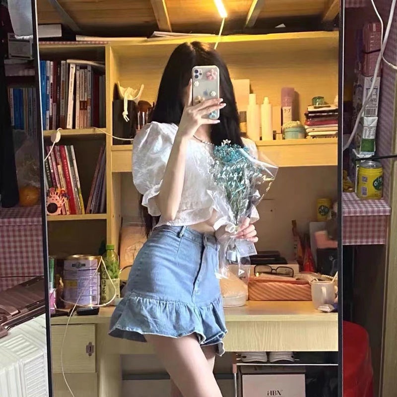 COZOK Chân váy jean Viền Bèo Lưng Cao Thời Trang