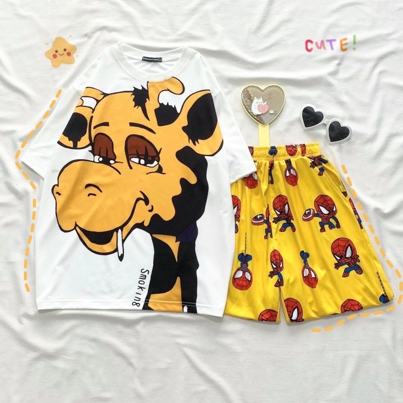 Set đồ bộ cartoon xinh xắn, quần short lửng cho nam nữ