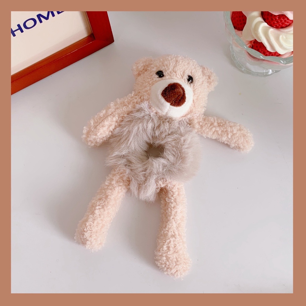 Dây buộc tóc phối vải lông xù hình gấu đáng yêu dành cho nữ