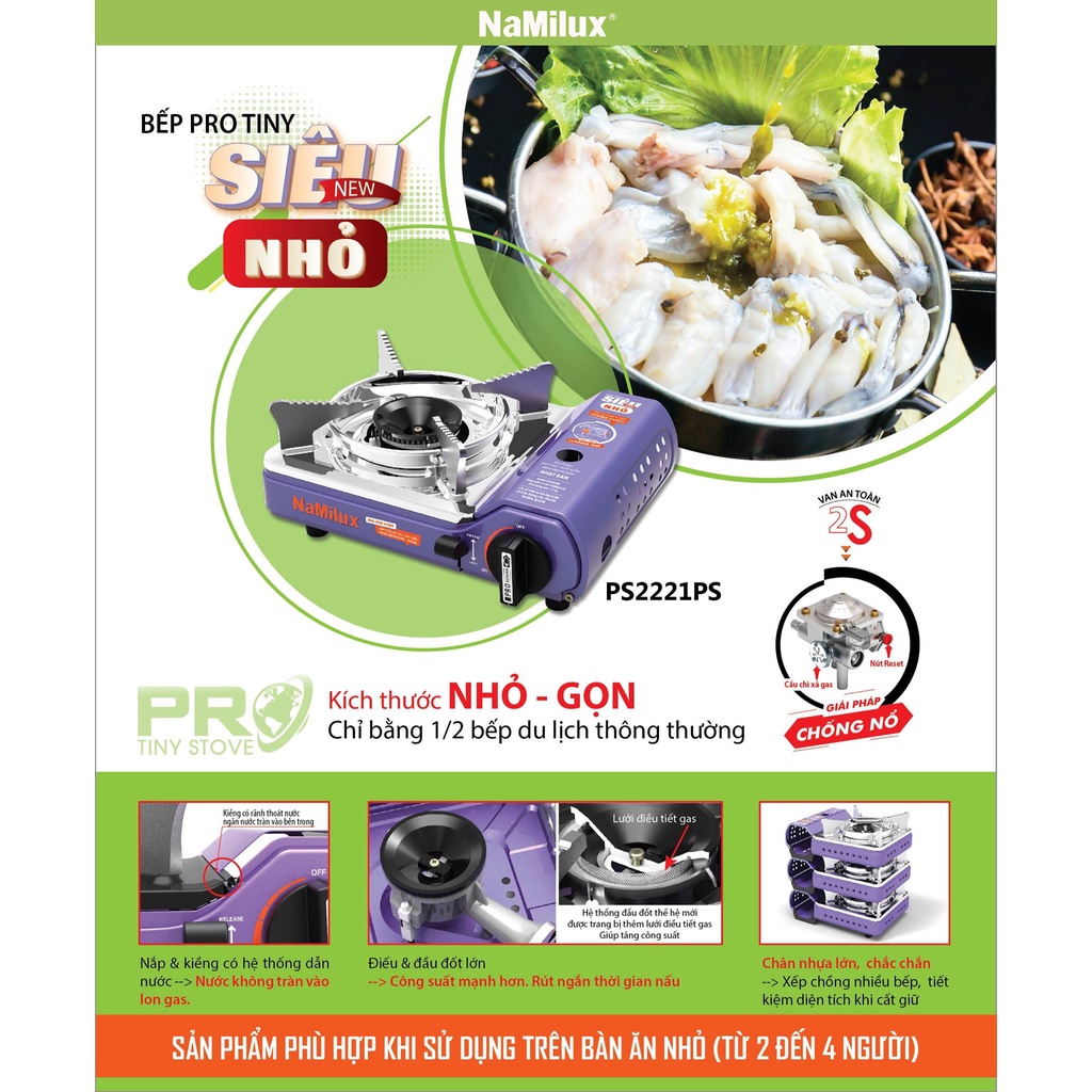 Bếp gas mini Namilux siêu nhỏ gọn Pro Tiny PL2221PS Van 2 cấp - chống cháy nổ - an toàn