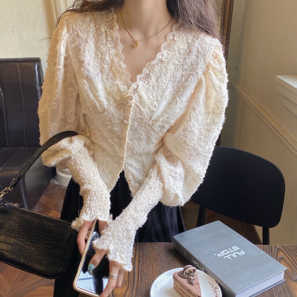 Áo kiểu tay dài cổ chữ V ôm dáng vải ren phong cách Phương Tây dễ phối đồ thời trang dành cho nữ