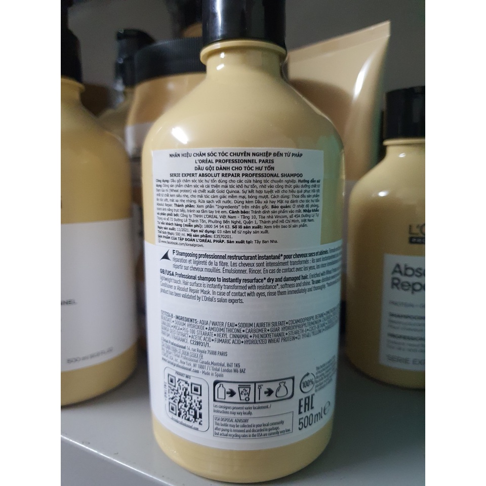 Dầu gội Loreal Professionnel phục hồi tóc hư tổn Serie Expert Absolut Repair Gold 300ml 500ml 1500ml