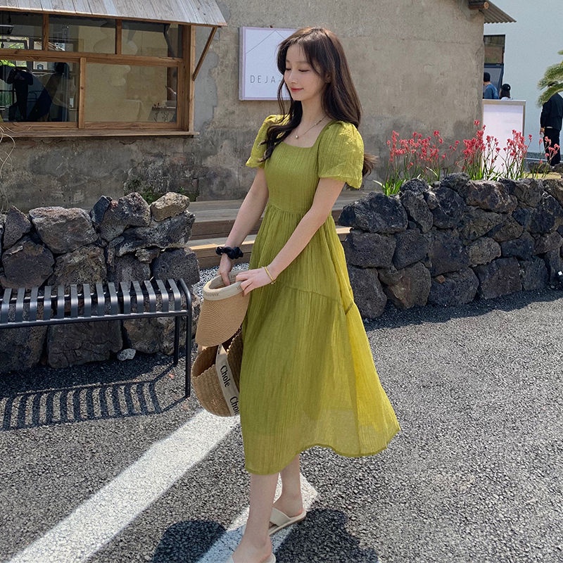 Đầm Cổ Vuông Xếp Ly Dáng Dài Màu Xanh Lá Phong Cách Retro Pháp Thời Trang Mùa Hè Hàng Mới 2022