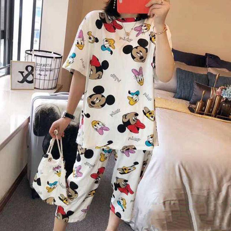 Bộ trang phục 3 mảnh họa tiết hoạt hình dáng rộng chất liệu lụa sữa mặc ở nhà