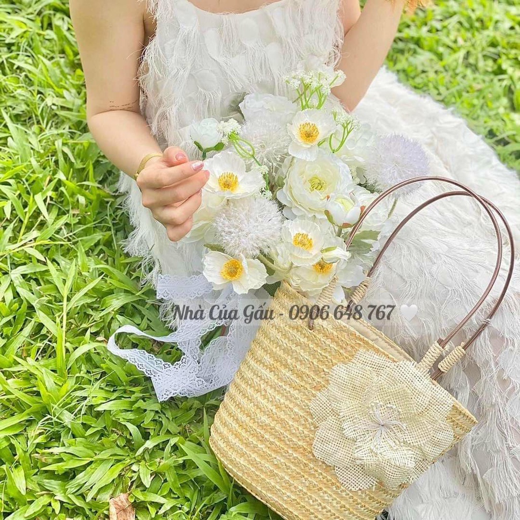 Giỏ cói vintage đính hoa nổi mang đi biển đi chụp hình cực xinh