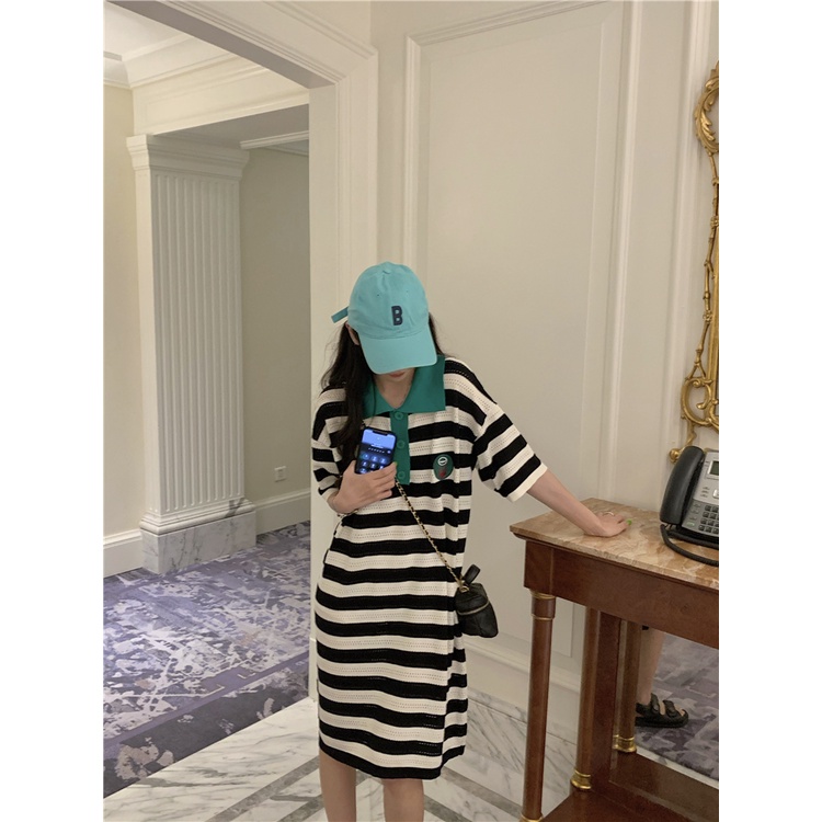 Xiaozhainv Đầm Midi Tay Ngắn Cổ Polo Dáng Rộng Họa Tiết Sọc Xanh Lá Thời Trang Mùa Hè Cho Nữ