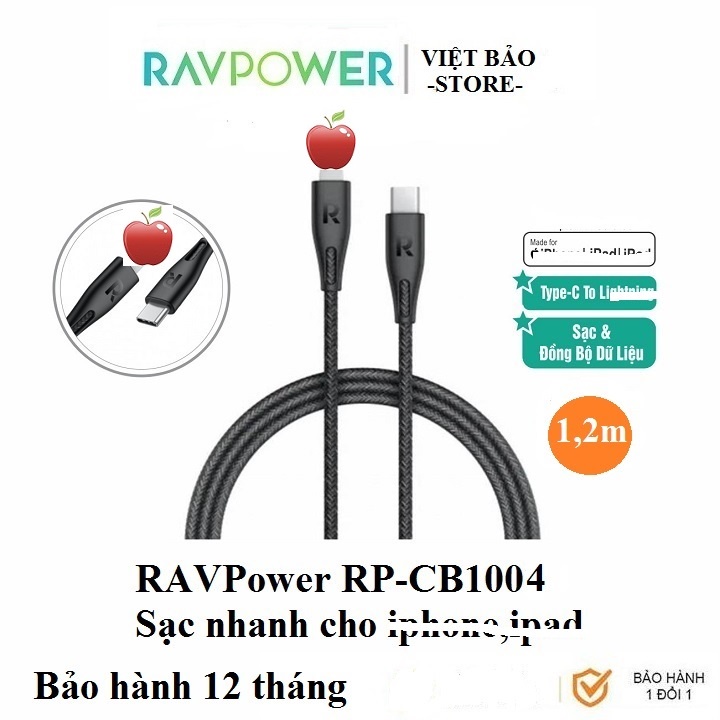 Cáp Sạc Nhanh Type-C to Light.ning RAVPower RP-CB1004, chứng nhận M.FI, dài 1,2m [Bảo hành 12 tháng]