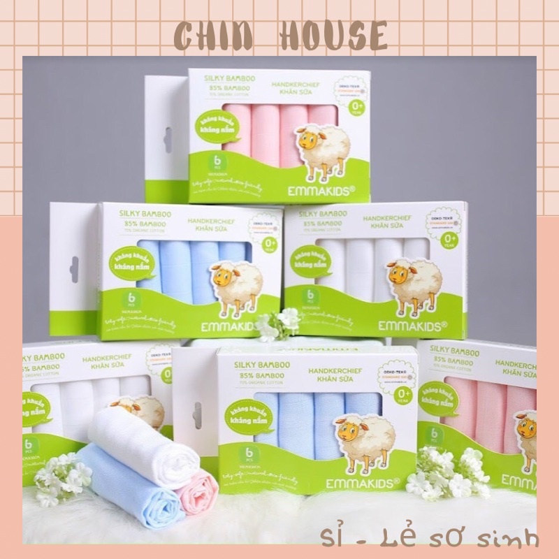 KHĂN SỮA SỢI TRE EMMA KIDS CHO BÉ, HỘP 6 CHIẾC KHĂN SỮA SỢI TRE 30x30cm (sỉ inbox)