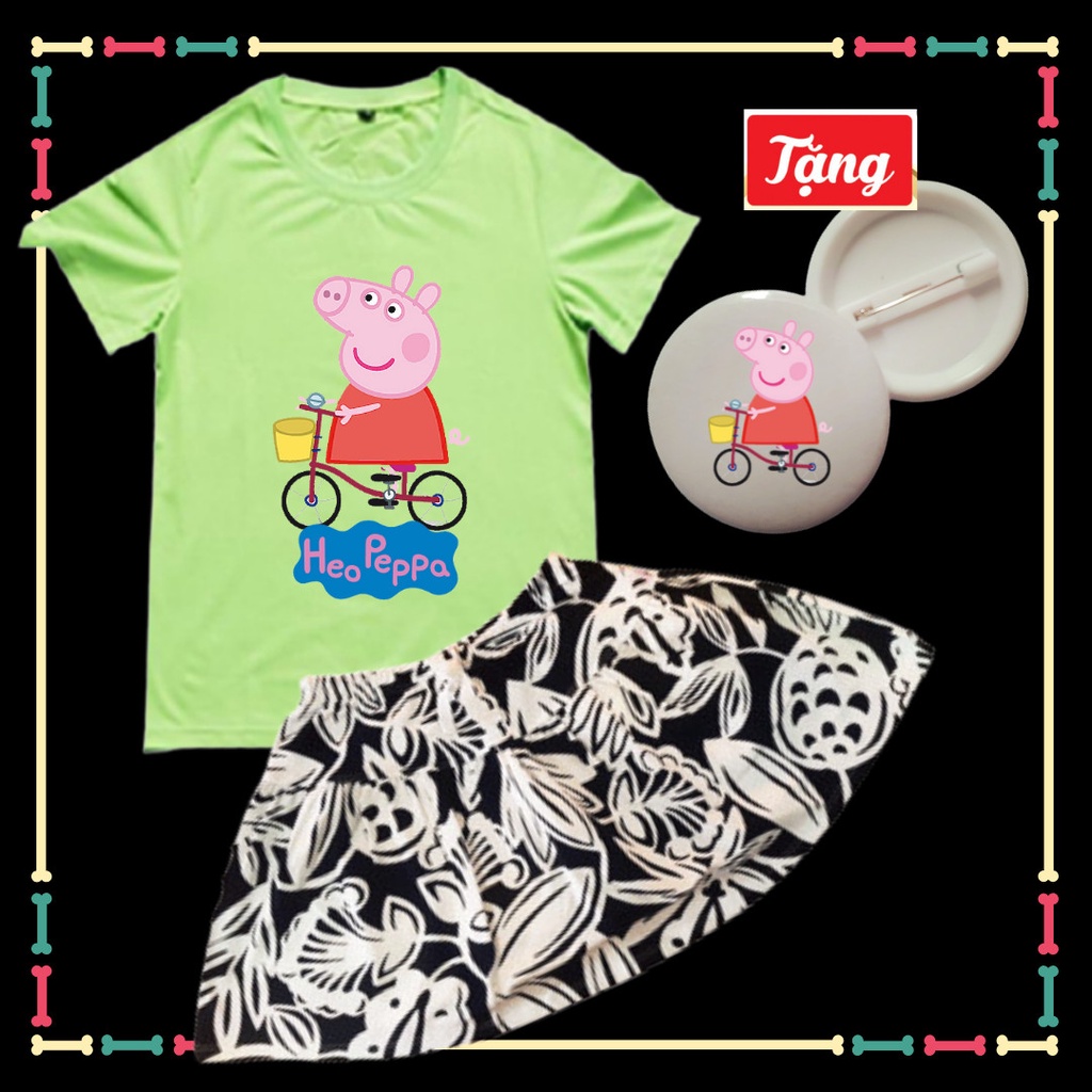 Set Quần Váy Cotton+Áo Thun Heo Peppa Bé Gái dễ thương-Tặng Huy Hiệu Peppa Pig